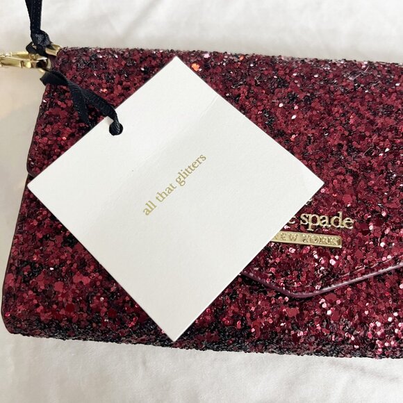 NEW Kate Spade iPhone Wristlet Deep Plum Red Glitter Wallet Card Slots Envelope - Picture 5 of 7